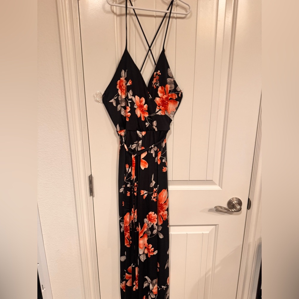Black Floral Maxi short Dress with Orange Floral Print size M - Picture 3 of 8